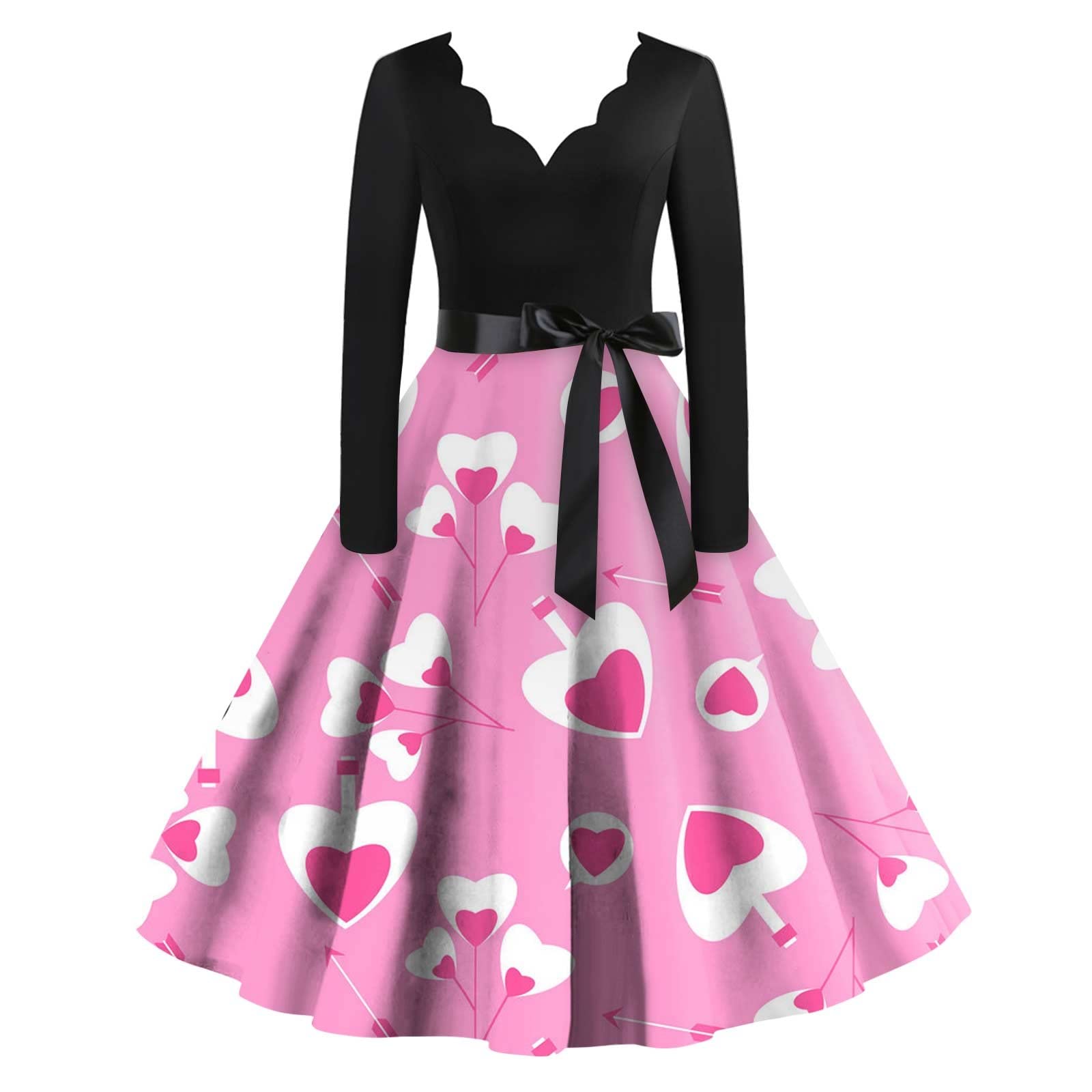 Vintage Dresses, Women Vintage Valentines Day Heart Print Long Sleeve Evening Party Prom Cocktail Dress