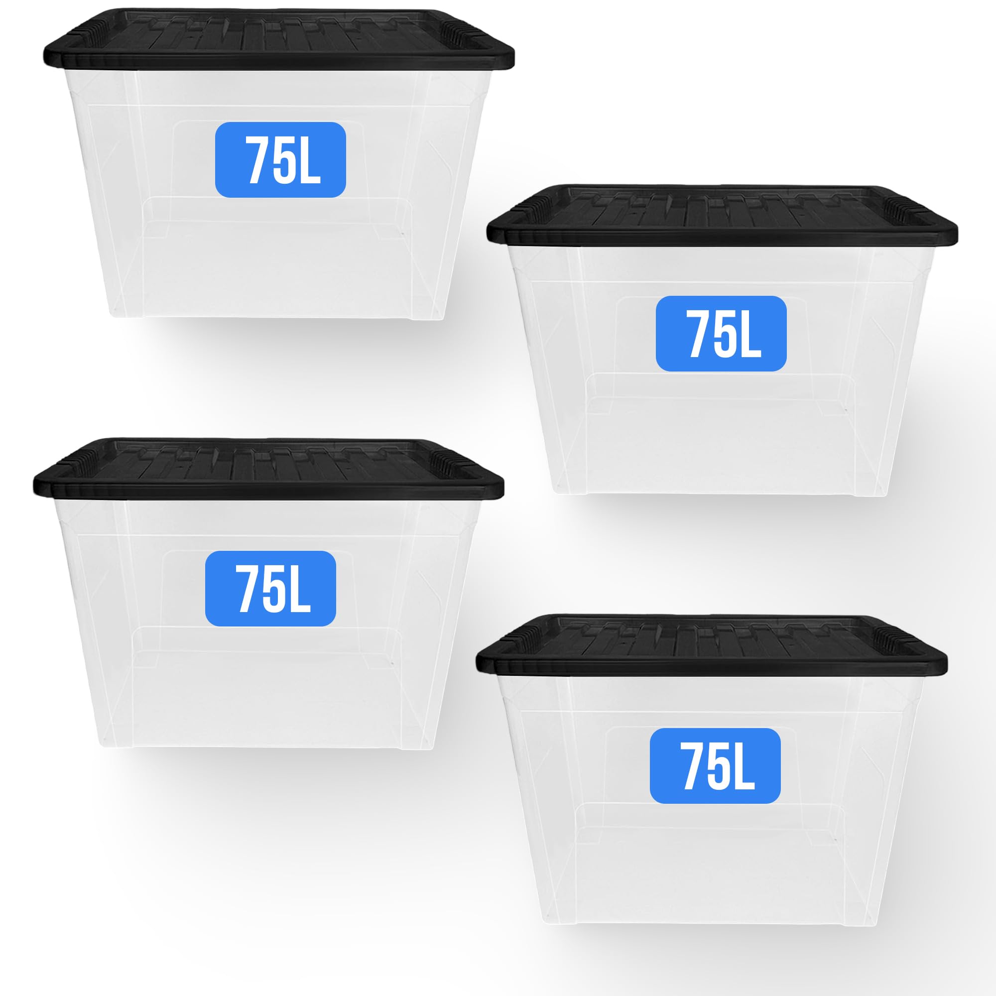 Kapco Clear 75L Plastic Storage Box With Black Lid (Pack Of 4| Large, Stackable, Strong, Durable Box Containers For Home & Office | Multipurpose Storage Tubs | 57 X 40 X 40Cm | 75 Litre - 4 Pack