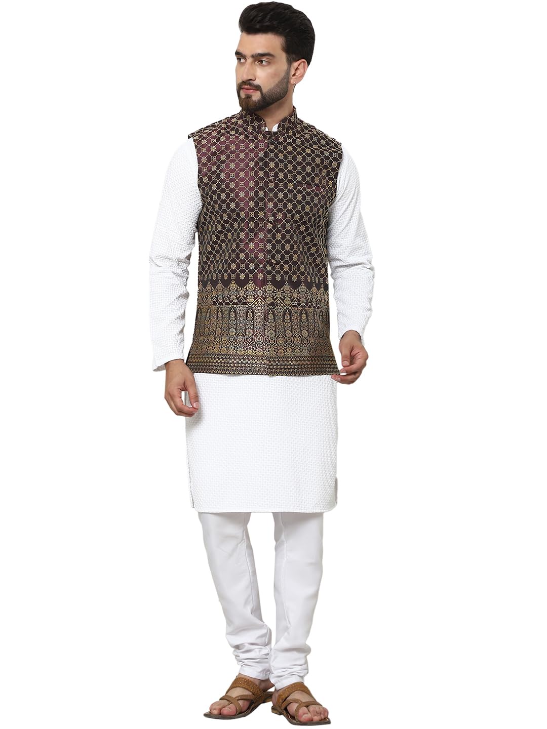 Sojanya (Since 1958 Men's Pure Cotton White Kurta And White Pyjama With Wine Nehru Jacket