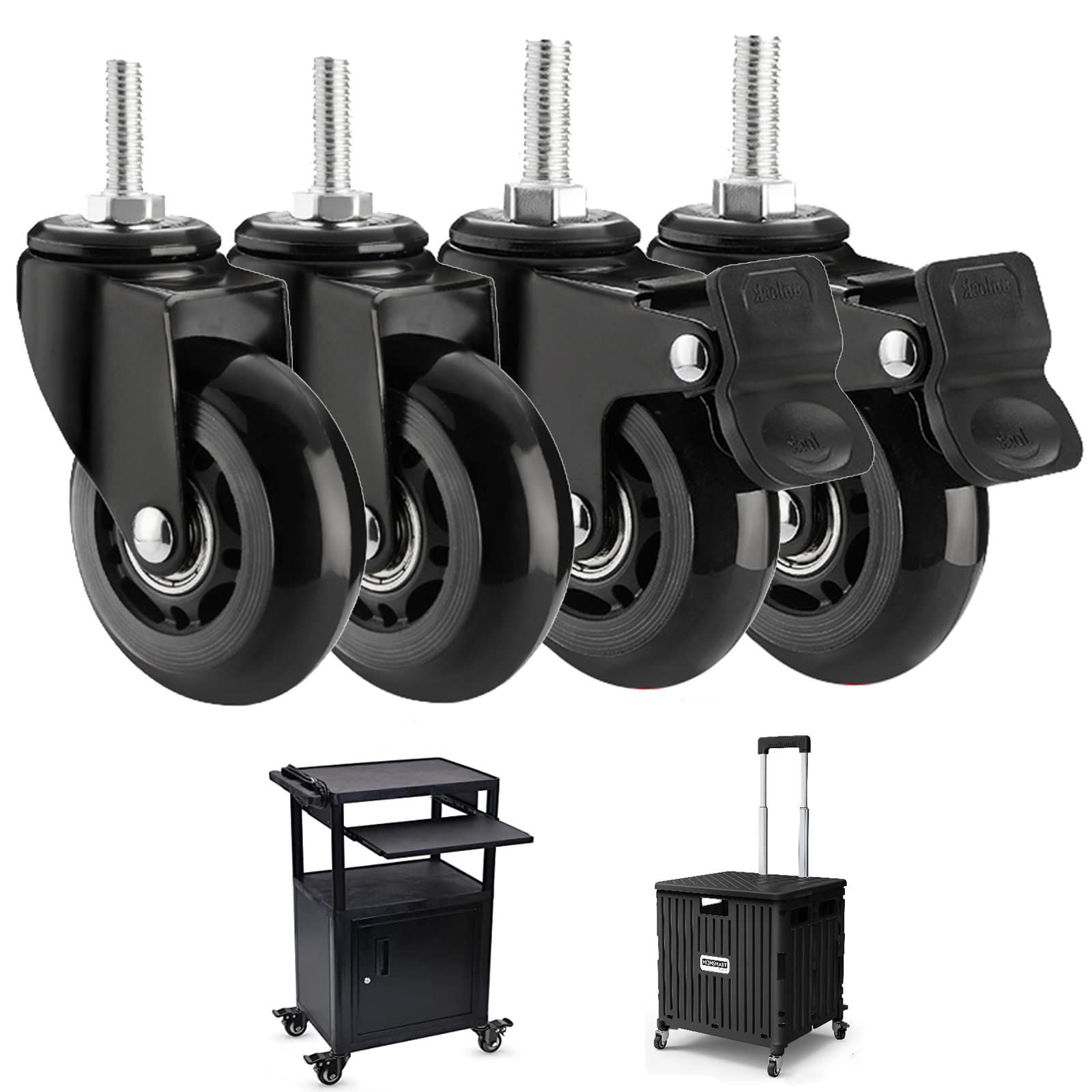 GBRJUYF Heavy Duty 75mm Quiet Swivel Caster Wheels with Brake, 200kg Load Capacity, 4-Pack Replacement Furniture Casters, M8/M10 Bolt Size, 2 Braked & 2 Non-Braked, Black