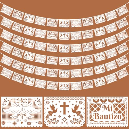 Frienda 6 Pcs Mi Bautizo Party Decoration Mi Bautizo Banner 108ft Papel Picado First Holy Communion Baptism Hanging Party Decoration Kit Religious Christening Supplies Photo Props(White)