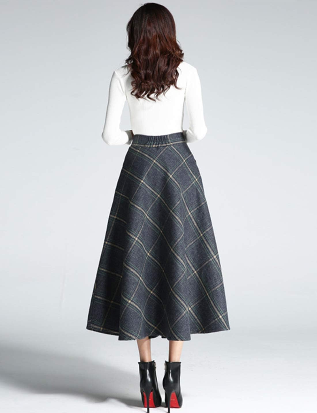 Tanming Women's Winter Warm Elastic Waist Wool Plaid A-Line Pleated Long Skirt - Image 5