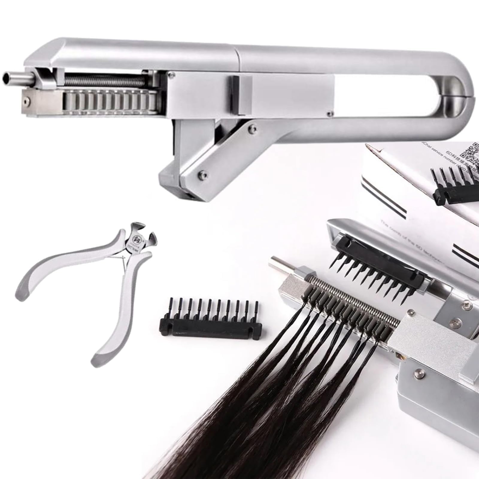 Generic 6D Hair Extensions Machine kit,1st Generation 10 pin 6D Hair Extension Gun Professional Equipment/Invisible Seamless No-Trace Hair Extensions Tool With Pliers for Salon, silver