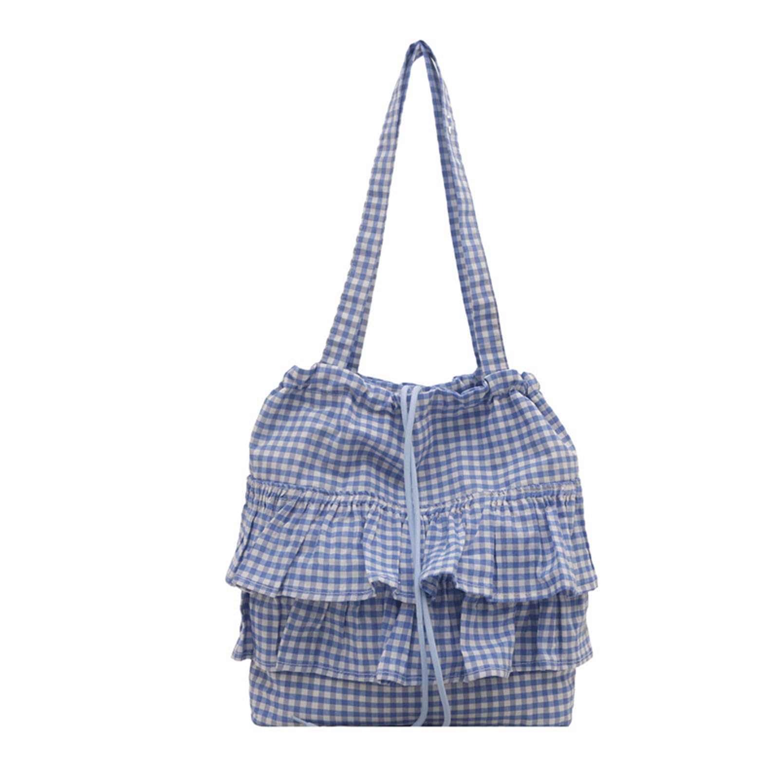 Ruffle Tote Bag Gingham Layered Shoulder Purse with Drawstring Casual Lightweight Tote Bag for Women