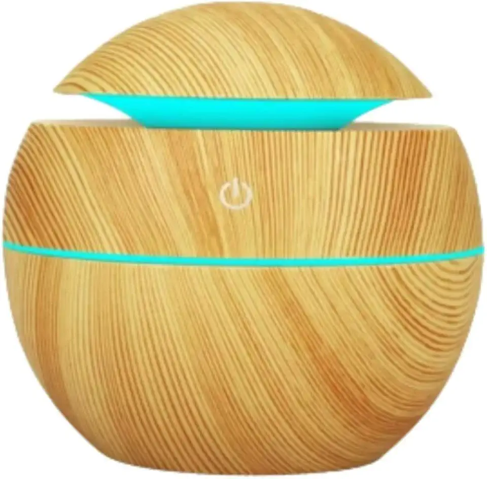 Umidificador 200ml Ultrassônico USB Portátil Tipo Madeira Redondo com Luz RGB e Difusor de Aromaterapia Silencioso (Madeira Clara)
