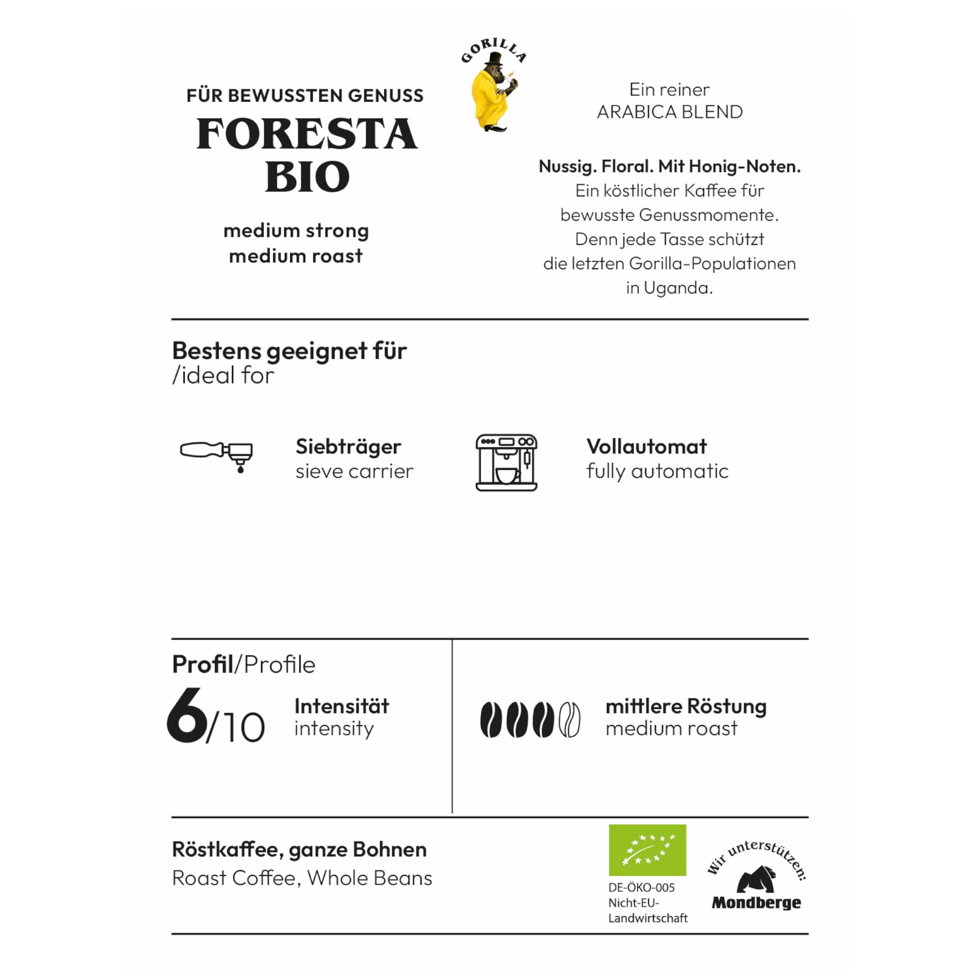 Joerges Gorilla Foresta Kaffee 2x 1kg geröstete ganze Bohnen Doppelpack | Arabica Blend Ganze Bohne | Siebträger Vollautomat | Espresso-Kaffee