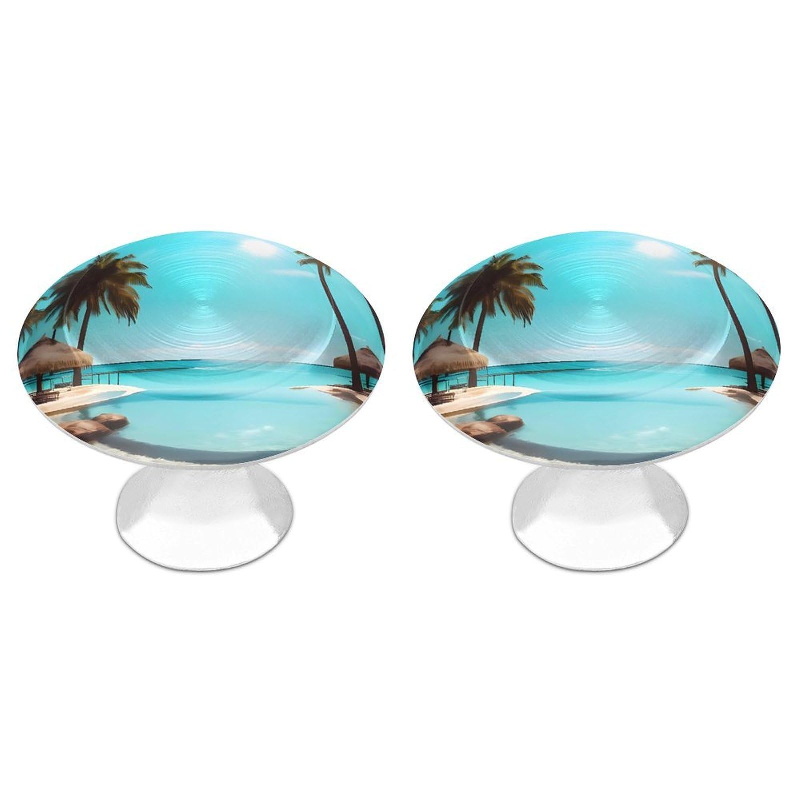 QMNLKH Palm Trees and Clear Sea Cabinet Knobs for Home, Round Drawer Pulls for Kitchen, Personalized Cupboard Handles with Screw, Fashion Dresser Knobs for Office, Drawer Handles, 2 Packs