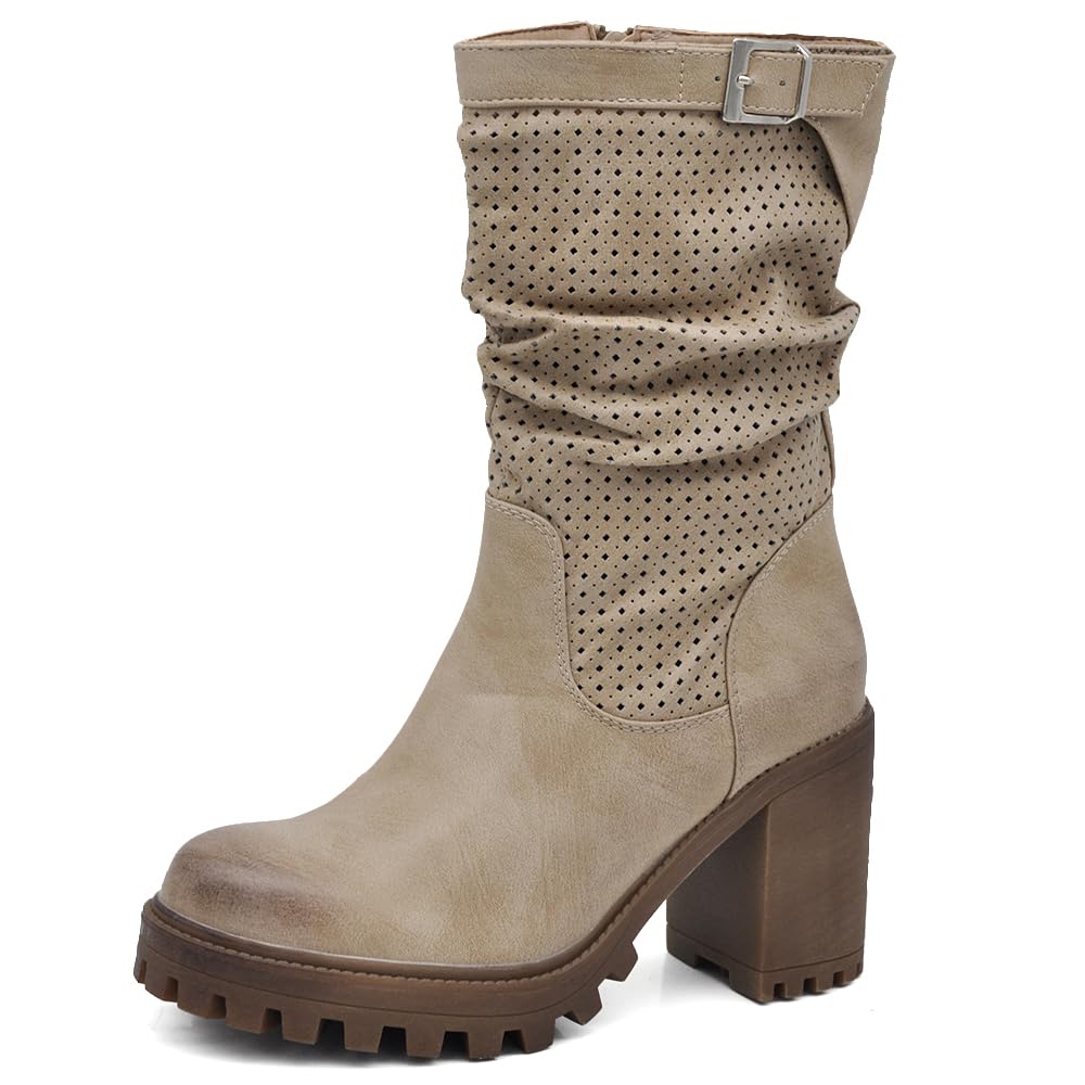 IF FASHION Stivaletti Strivali Tronchetti Aricciati Con Tacco Grosso Plateau Pelle Sintetica Da Donna G675
