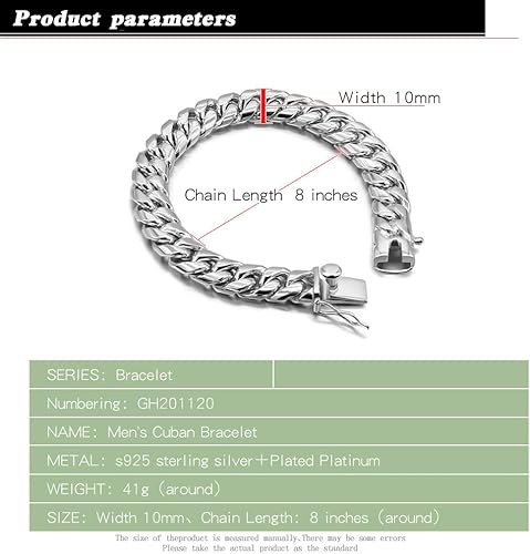 Miniatura 2 de Dankadi Pulsera de plata de ley 925 para hombre, de plata original, clásica, cadena cubana de 0.394 in, 7-8-9-10 pulgadas, joyería para regalo