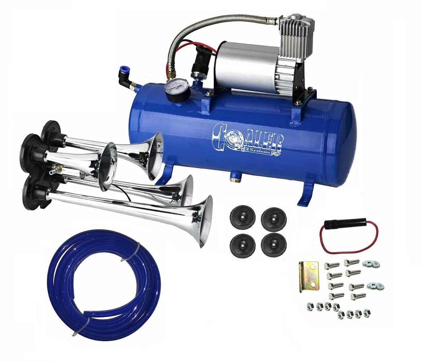 Auto ExpressAir Horn Kit 4 Trumpet 12 Volt Compressor 9ft Hose 150 dB Train 120 PSI Kit