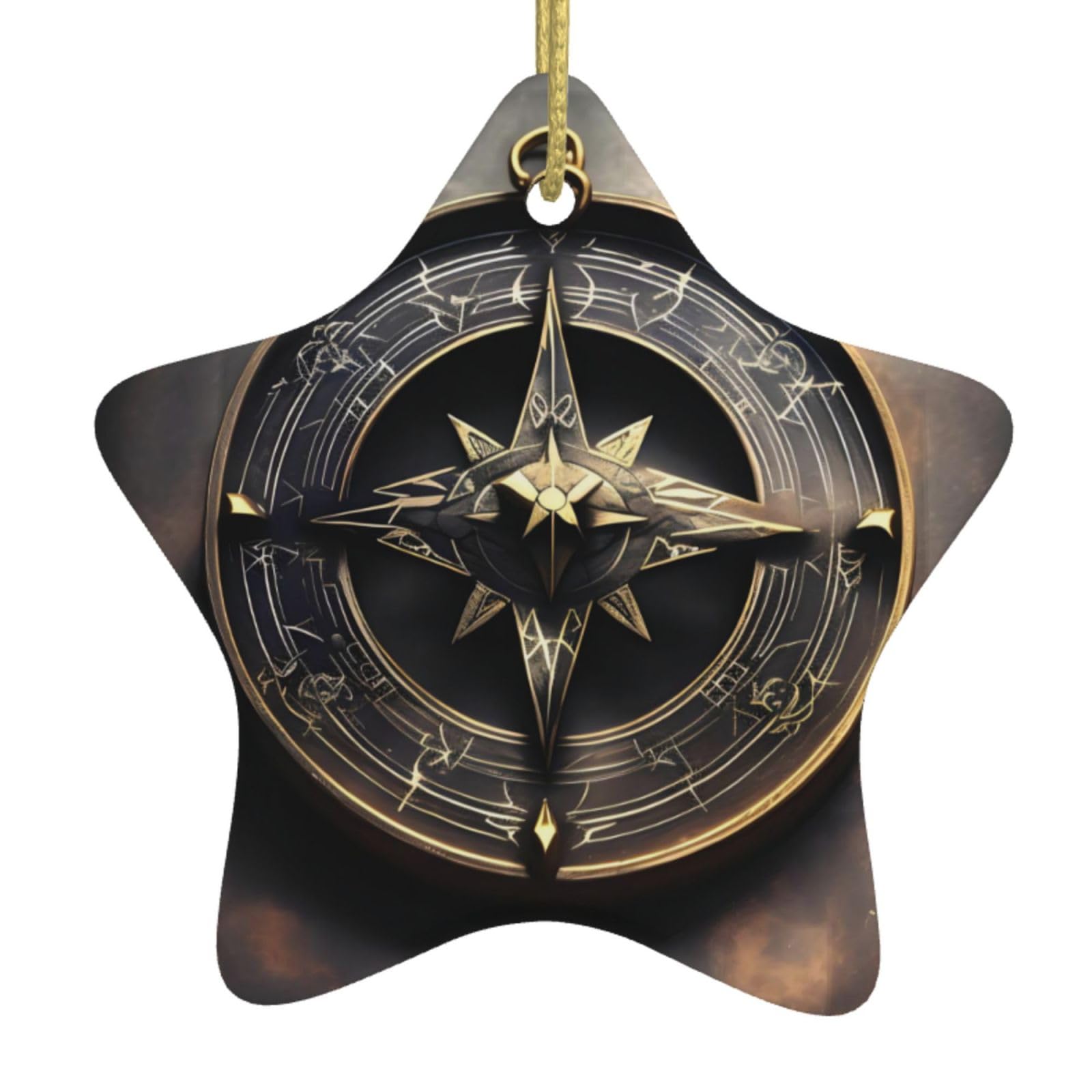 Magical Design Norse Runes Compass Christmas Ceramic Star Pendant with Punched Holes and Gold Wire Rope, Christmas Tree Home Decoration
