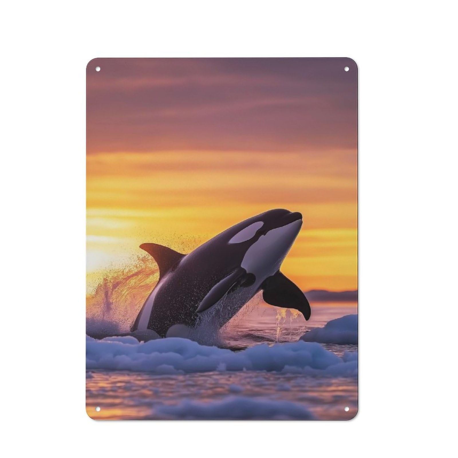 Junmoney Orca Leaping Sunset In Icy Waters Tin Sign With Design 40X30cm, Industrial Garage Wall Decor For Workshop, Basement, Shed Or Games Room