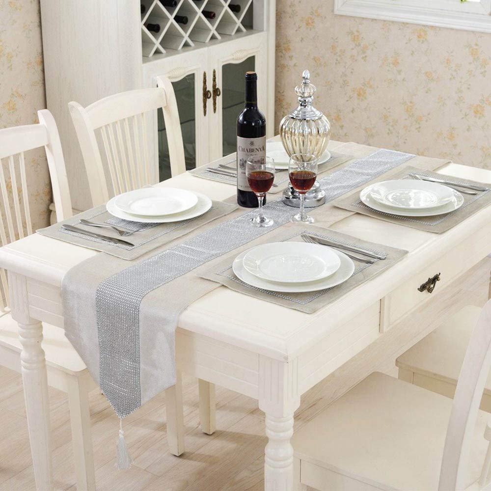 Time to Sparkle Set of 1 Velvet Table Runner + 6 Placemat Table Mats Thick Velvet Satin Tasseled Xmas (Velvet-ivory, 6*Placemats + 1*Runner)