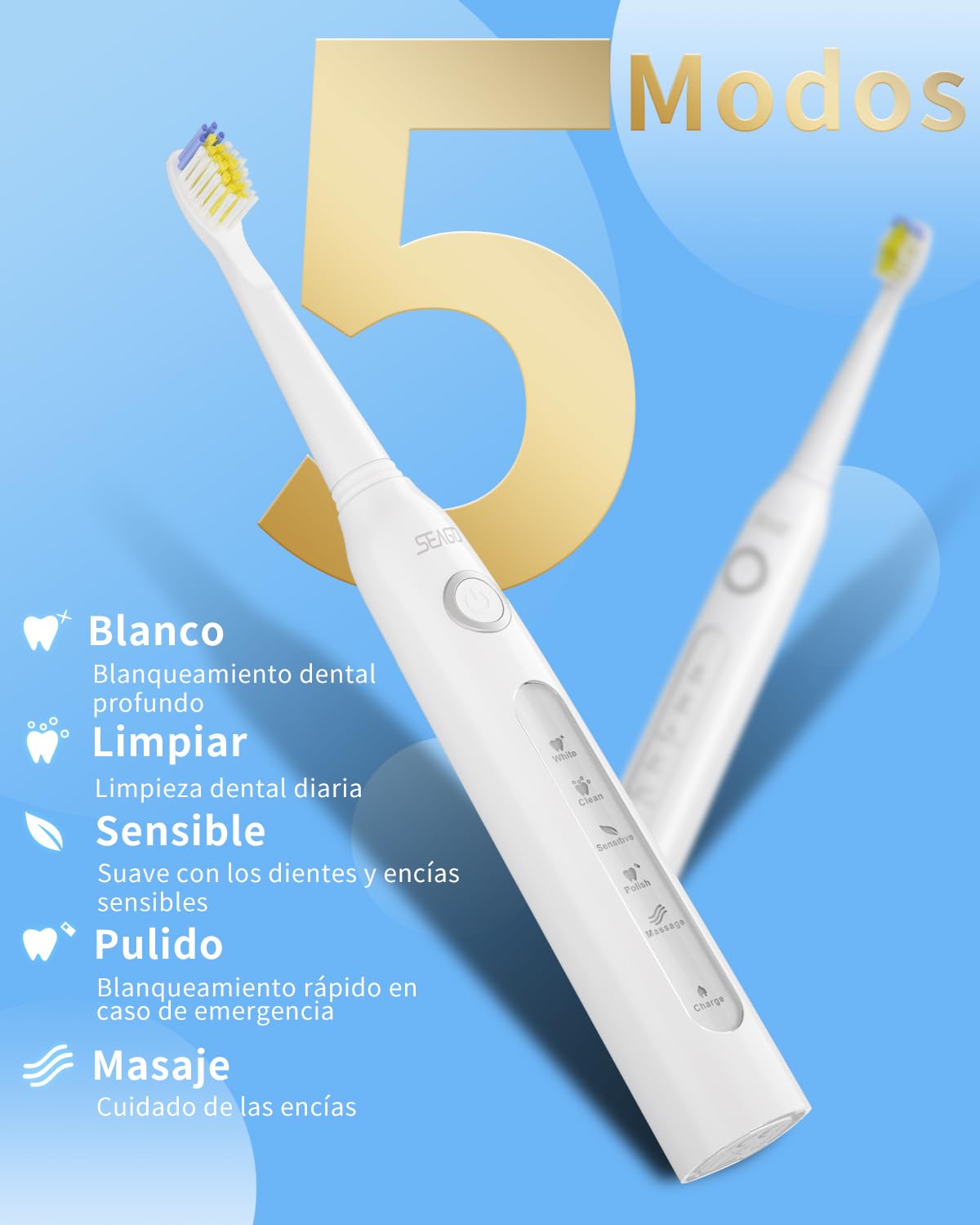 Seago Cepillo de Dientes Eléctrico Sónico, Cepillo Electrico Con 8 Cabezales de Recambio, 40000 VPM 5 Modos Cepillo de Dientes Viaje Para Adultos, Recargable Por USB (Blanco)