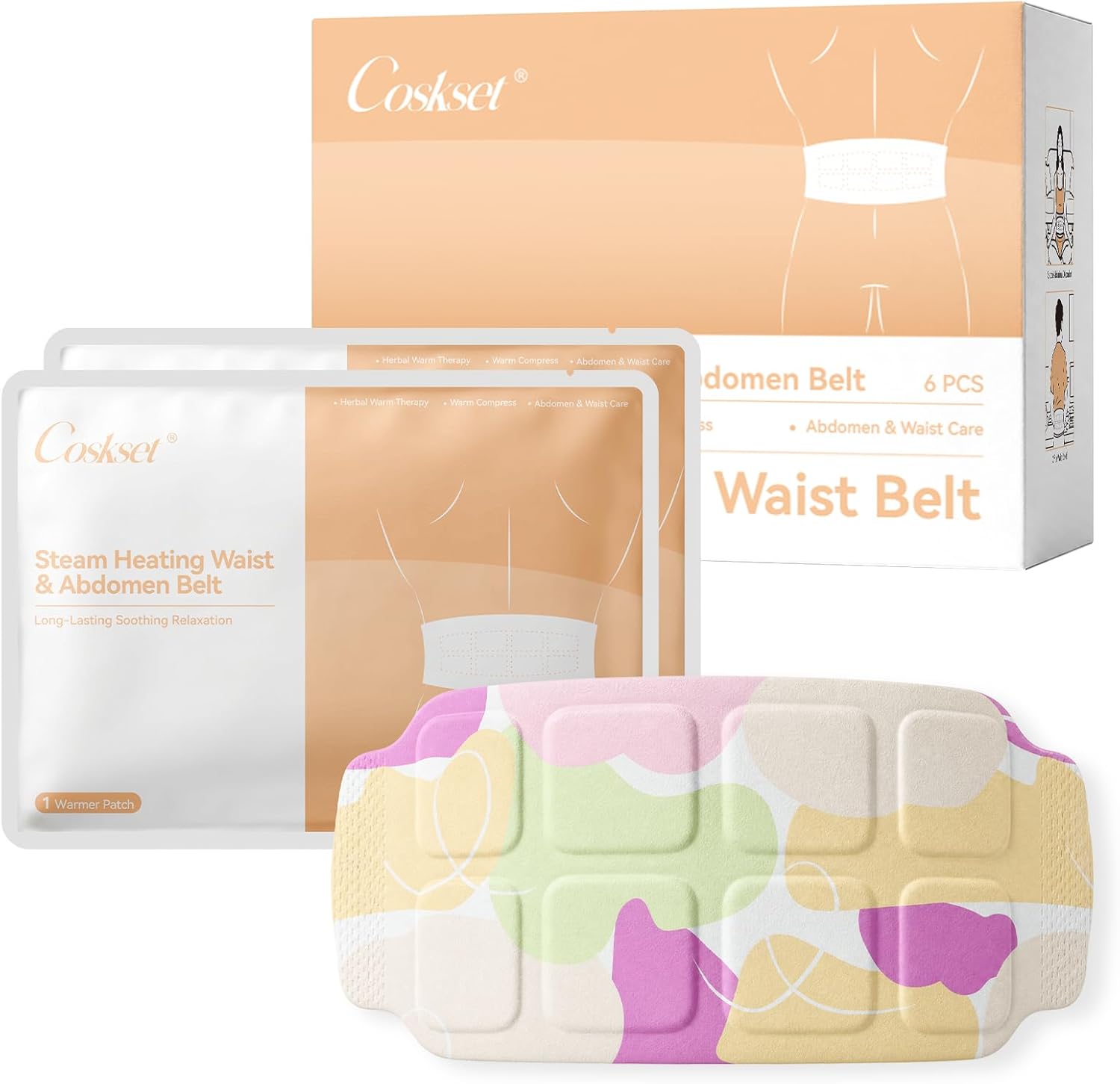 Disposable Self-Heating Steam Waist & Abdomen Belt, Portable Heating Pad Warm Patch for Back Comfort & Menstrual Care, Unisex for Home, Office & Outdoor Use, 6 Pack