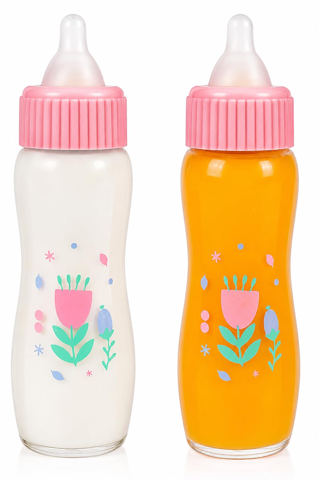 JC Toys Deluxe Disappearing Magic Bottles | Fits All Dolls | Milk and Juice | Flower Theme | Ages 2+ , Pink