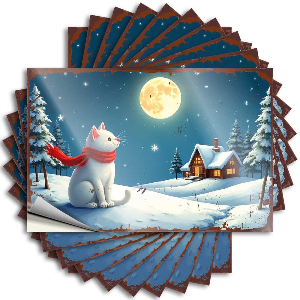 Guys Bottle Sticker | Snowy Night Adventure: A Cat's Journey Under The Moonlight Positive for Billiard Decor(6X9CM)