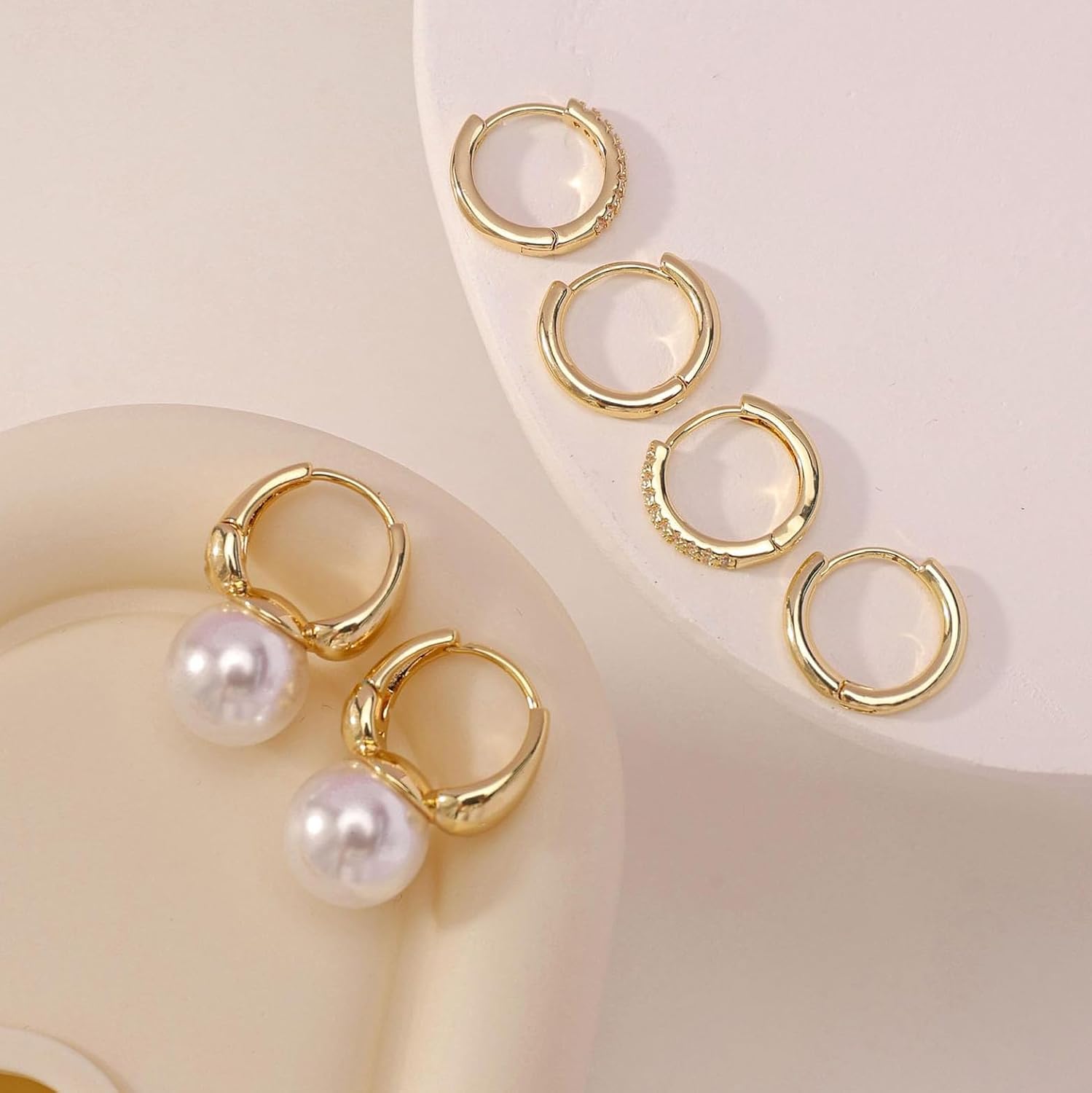 Pearl Earring for Women, 14K Gold Plated Big Pearl Drop Earrings, Chunky Hoop Huggie Set,Suitable for everyday wear - Image 4