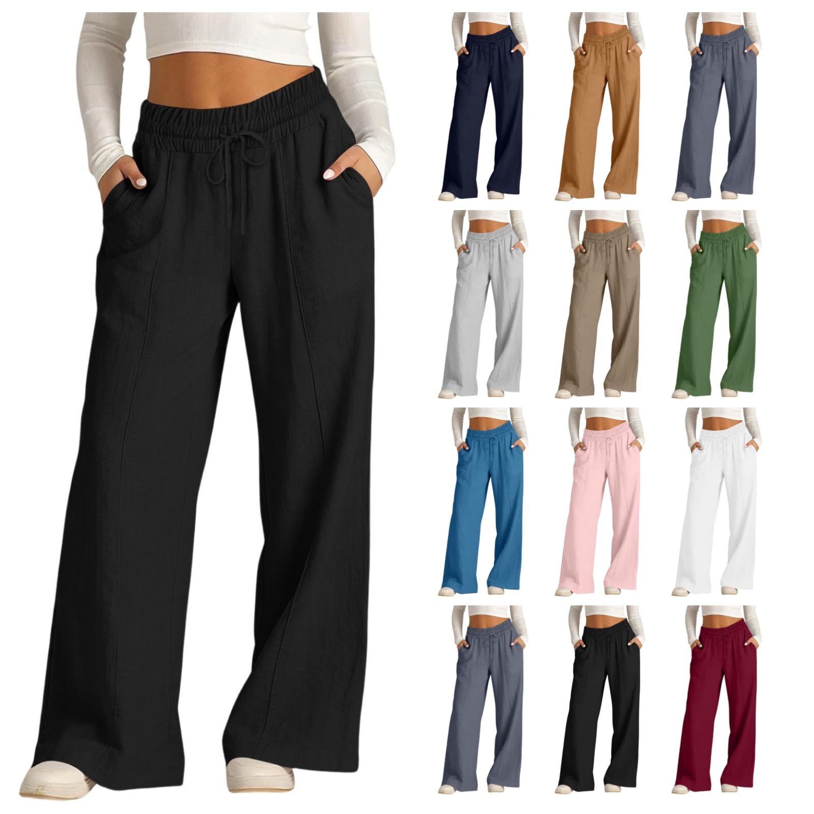 EMATOP Leinenhose Damen Lang Leicht Sommerhose Casual Musselin Hosen Elegant Baumwolle Leinen Stoffhose Einfarbig Bequem Freizeithose mit Taschen Strandhose Sommer Weite Bein Palazzo Sporthose