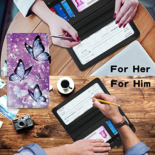 Leather Check Book Cover For Personal Checkbook And Register Butterflies Purple Bling Sparkle Glitter Theme, Rfid Blocking Slim Checkbook Cover For Duplicate Checks With Pen Holder Elastic Band #TOP4