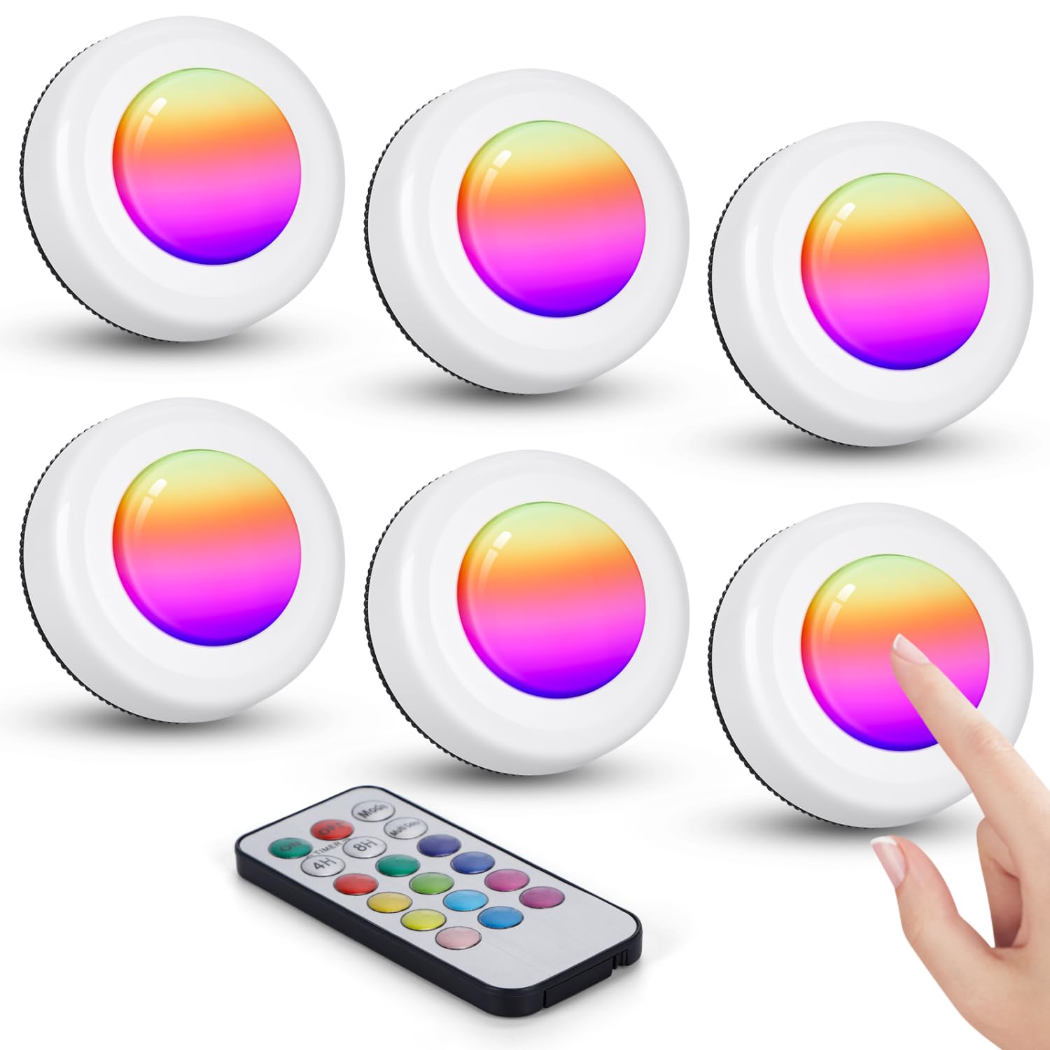 Aigostar 6 Piezas Luz Nocturna Pilas con Control Remoto, Luz Armario 12 RGB Colores y Blanco Frío, Lámpara de Noche con Temporizador, para Vitrina, Cocina, Pasillo
