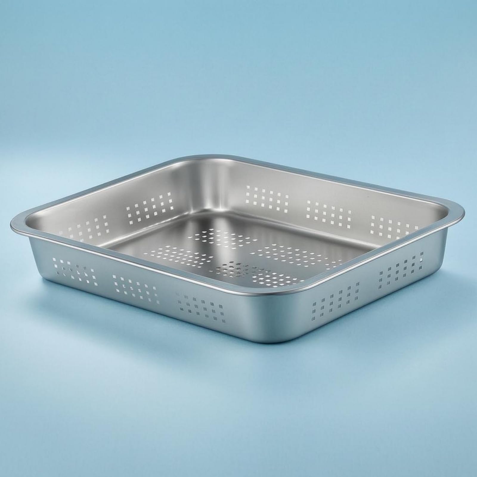 Vassoio Fondo Piatto Angoli Arrotondati Finitura Argento Vassoio Forato in Acciaio Inox Ventilato Recipiente, Vassoio Quadrato Perforato 304, 70×50×4.8cm