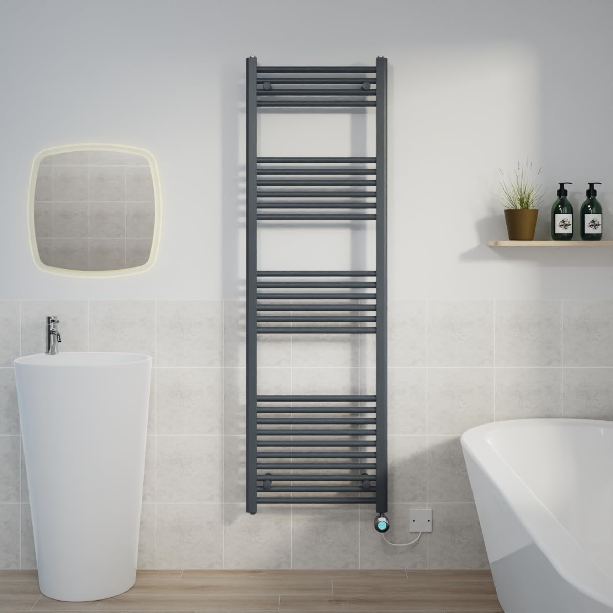 Warmehaus Prefilled 1600x500mm Straight Electric Heated Towel Rail with Timer Thermostatic Bathroom Radiator Anthracite - 800W(Chrome Heating Element) — image 1