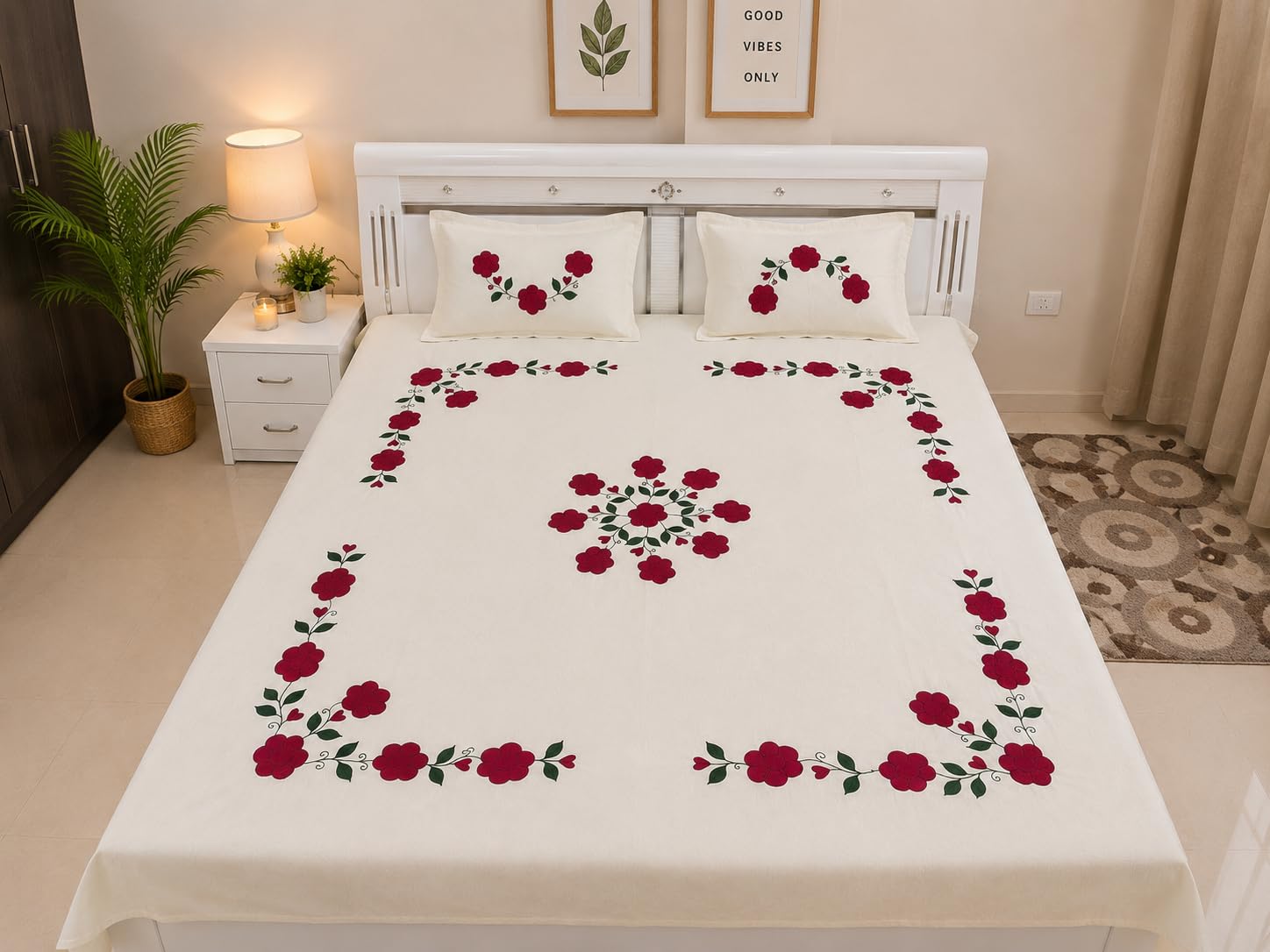 Premium Cotton Patch Work Bedsheet with 2 Pillow Covers | Handmade Floral Appliqué Design | Cream White Bed Sheet Set | Soft & Breathable Cotton Bedding-image-13