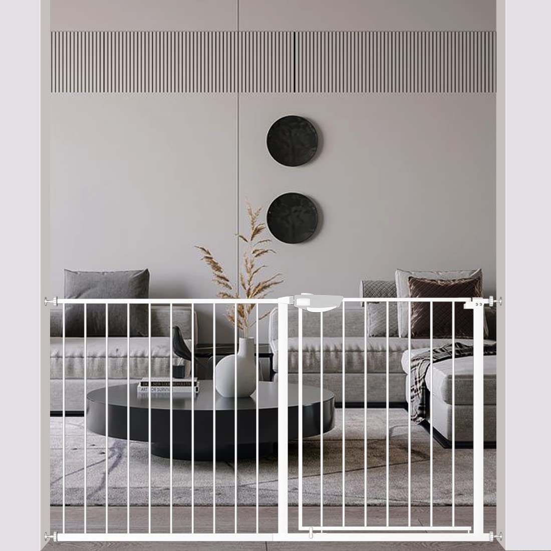 WAOWAO Triple Lock Baby Gate Extra Wide Pressure Mounted Walk Through Swing Auto Close Safety Black Metal Dog Pet Puppy Cat for Stairs,Doorways,Kitchen 25.59"-81.49" inch(White,53.93-57.87"/137-147cm)