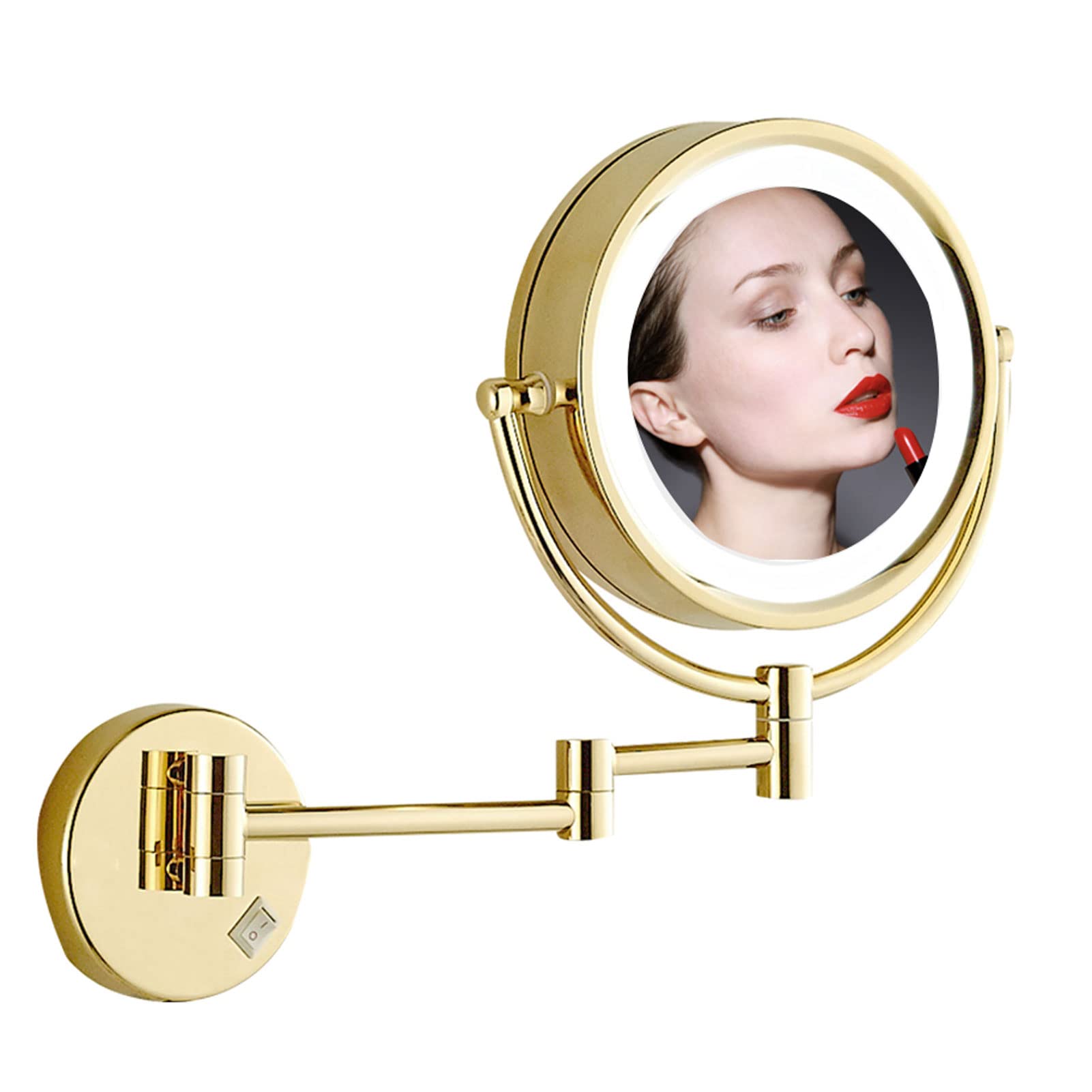 Specchio per Il Trucco con Luce, Specchio Cosmetico da Parete, Specchi Cosmetici Girevoli Estensibili da Bagno, Completamente Orientabile, per Bagno Hotel (Gold Plug 7X)