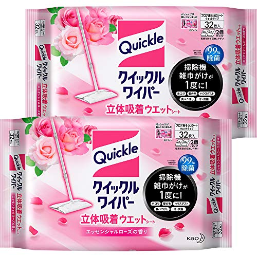【まとめ買い】クイックルワイパー フロア用掃除道具 立体吸着ウエットシート ローズの香り 32枚×2個