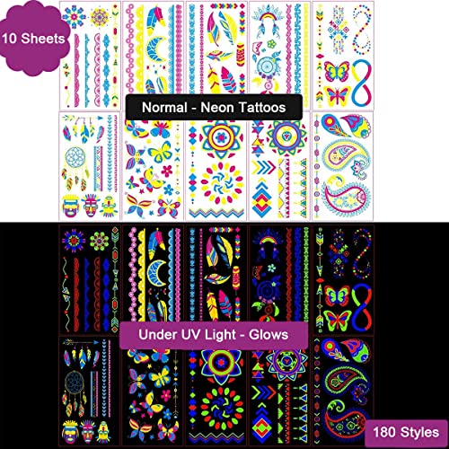 MAYCREATE® 10 Sheets Temporary Tattoo Stickers Night Glow in the Dark Sticker, 80+ Styles Waterproof UV Neon Stickers, Body Face Fake Tattoos for Women Men Kids Rave Festival Party - Image 3