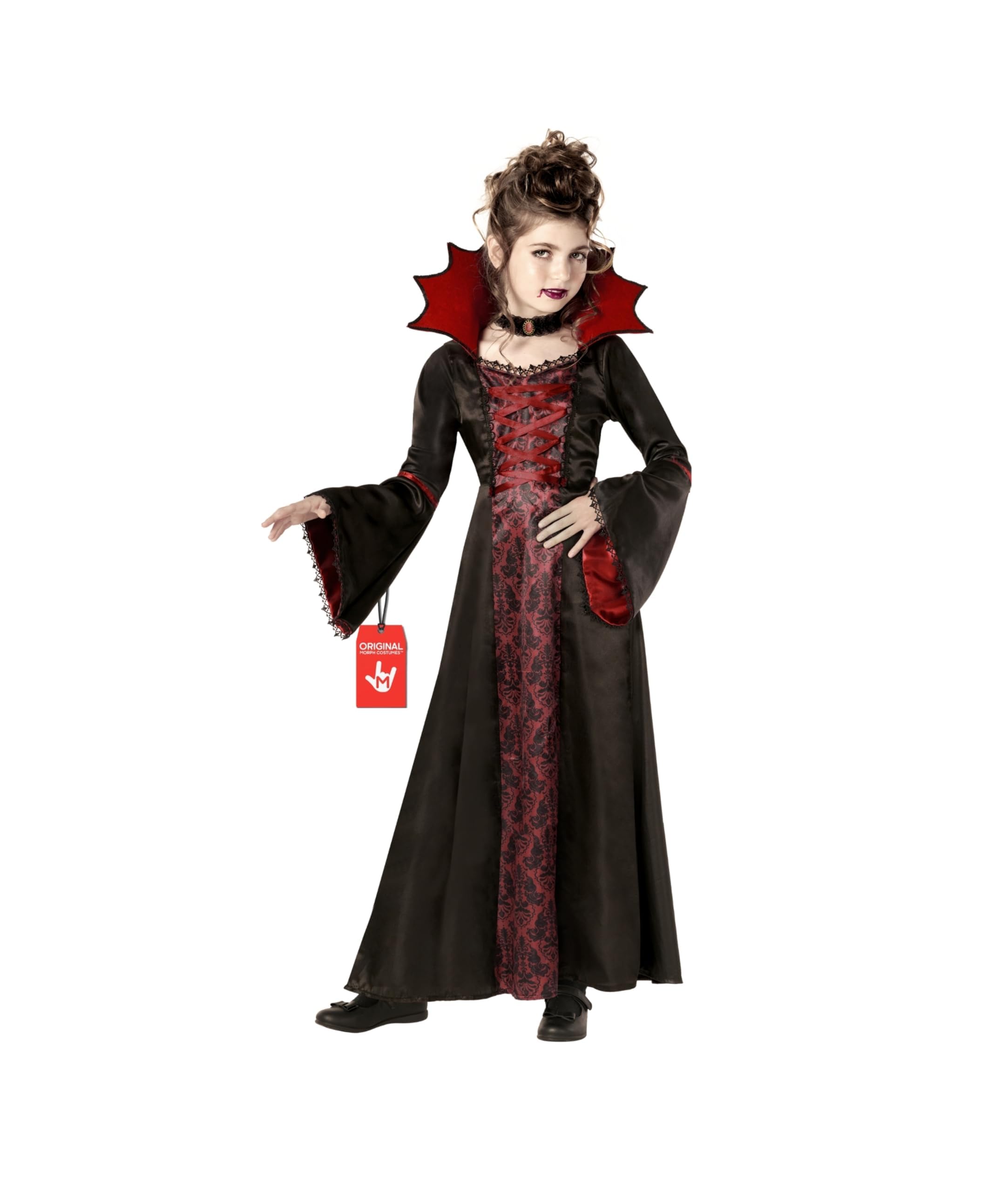 Morph Disfraz Vampiresa Niña, Disfraz Halloween Niña | Vestido Negro y Rojo con Cuello Alto & Collar, Encaje Gótico, Perfecto para Halloween, Ideal para Juegos de Rol