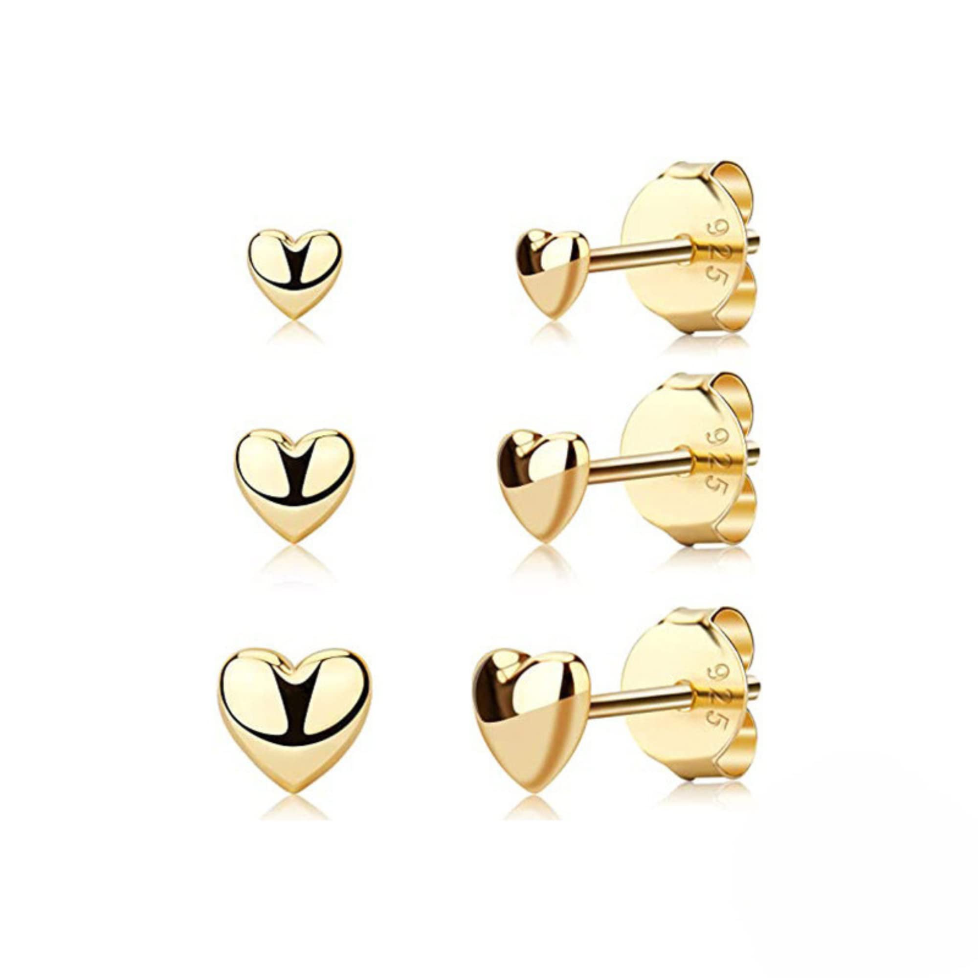 maname Pack 3 Pares De Pendientes Mujer Plata Bañados En Dorado - Pendientes Corazon De Tuerca En Plata De Ley 925 - Juego De Pendientes Pequeños En 3 Tamaños - Aretes De Mujer Para Cartilago.