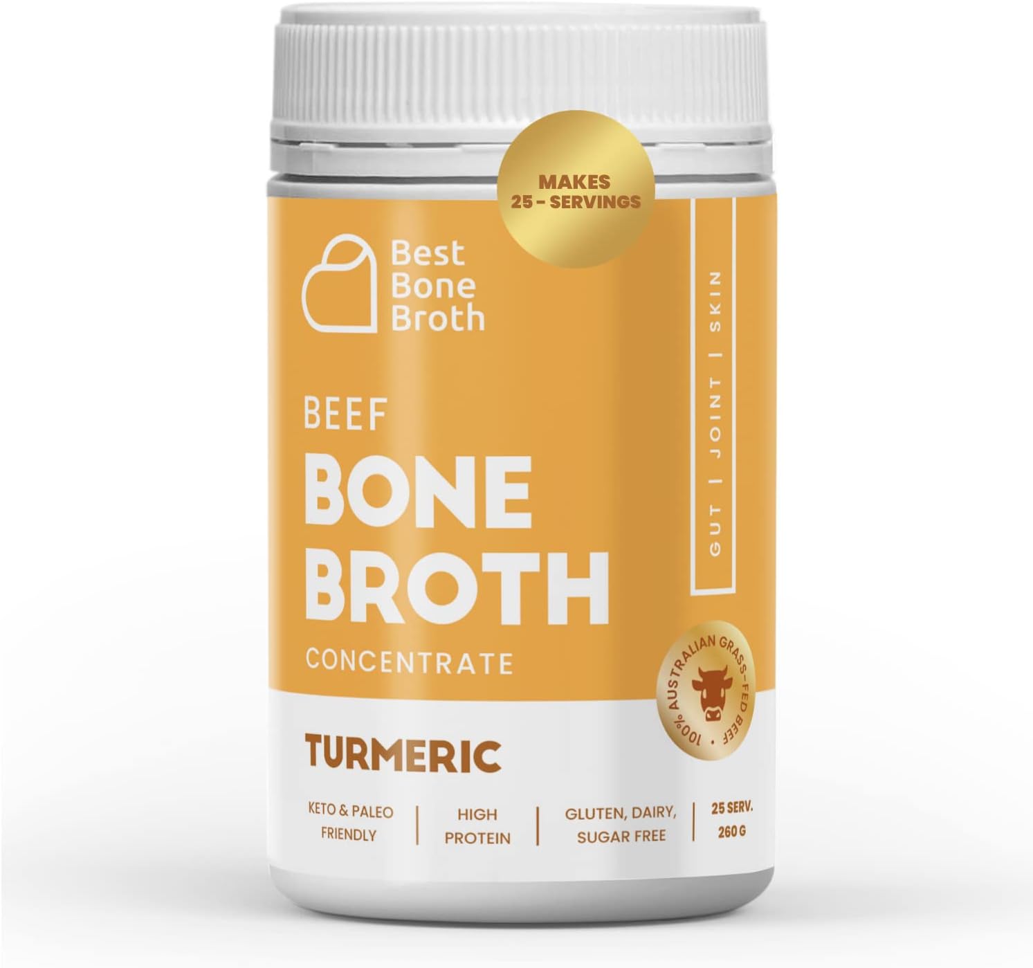 Best Beef Bone Broth Concentrate Turmeric Flavor | pure liquid collagen | Grass fed Australian beef | keto, high protein, gluten free | supports joints, skin & gut | 25 servings