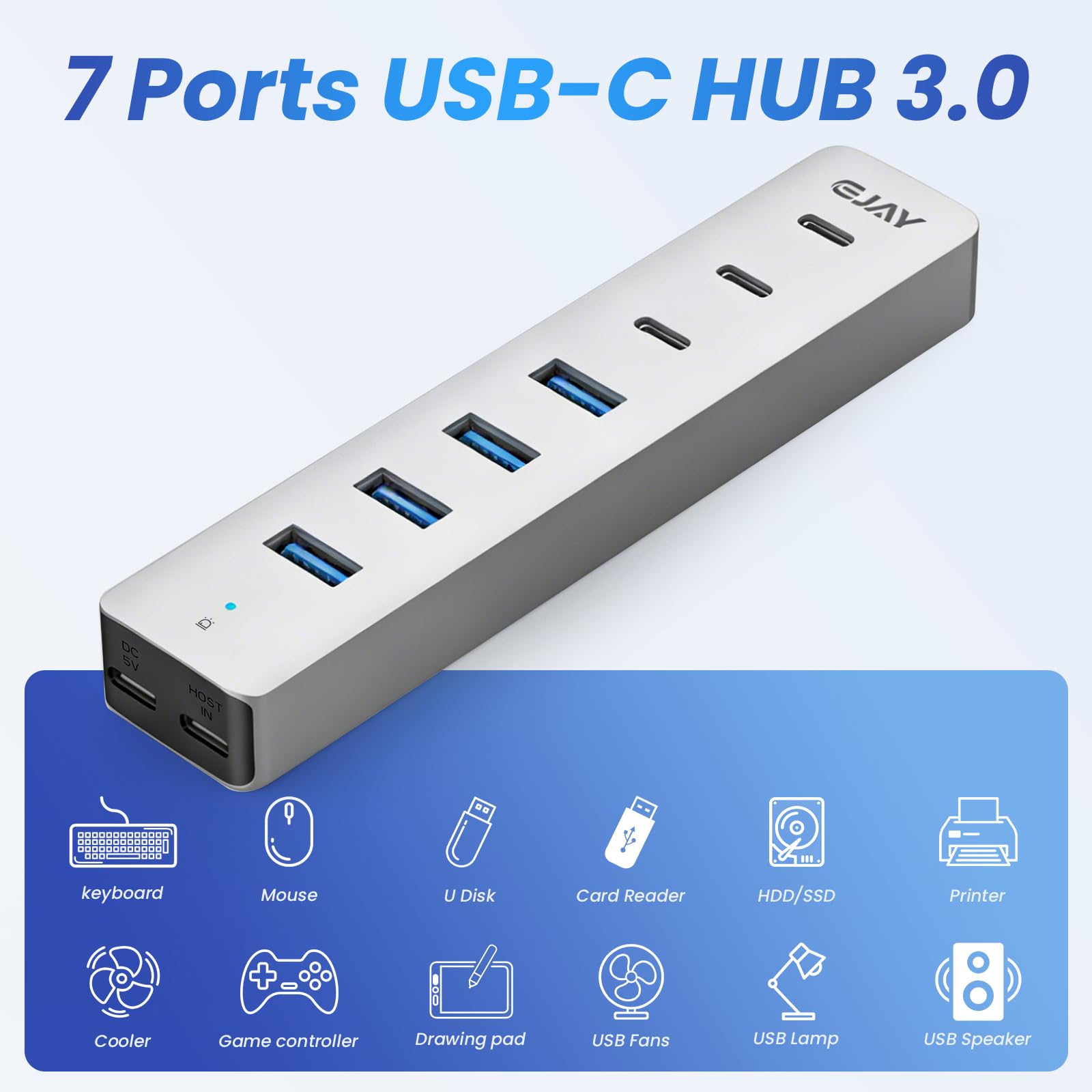 EJAY Hub USB 3.0 à 7 ports avec 4 USB-A et 3 USB-C, répartiteur USB en aluminium pour ordinateur portable/de bureau/PS5, câble amovible de 1 m et 1,3 m, hub USB 5 Gbit/s pour clés USB, HDD, XPS