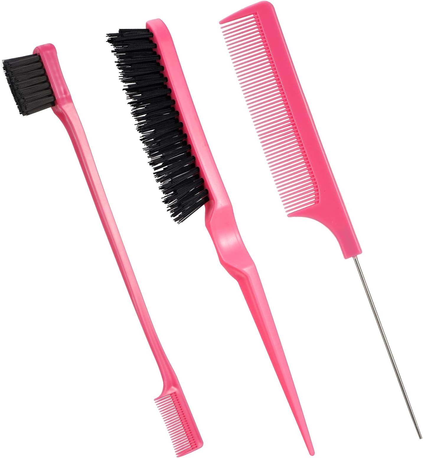 3 Pcs Slick Brush Set Hair Teasing Brush Set Edge Hair Brush Bristle Hair Brush Edge Control Brush Grooming Combs Rat Tail Comb Double Sided Edge Brush for Women Babies Kids Hair (Pink)