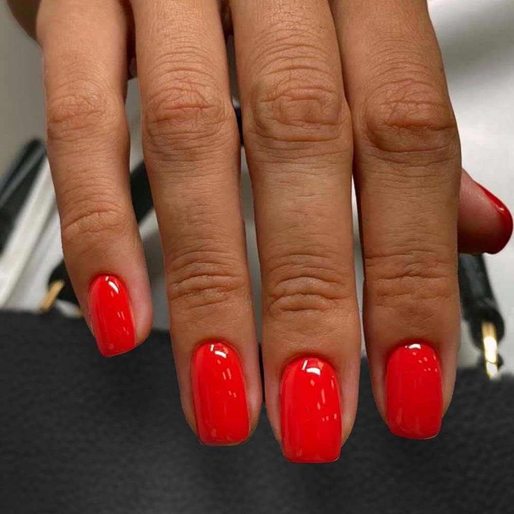 Red Press on Nails Short Square Solid Color Fake Nails with Design Glue on Nails for Women Acrylic False Nails Coffin Stick on Nails Full Cover Manicure Art Press on Nail for Wedding B8