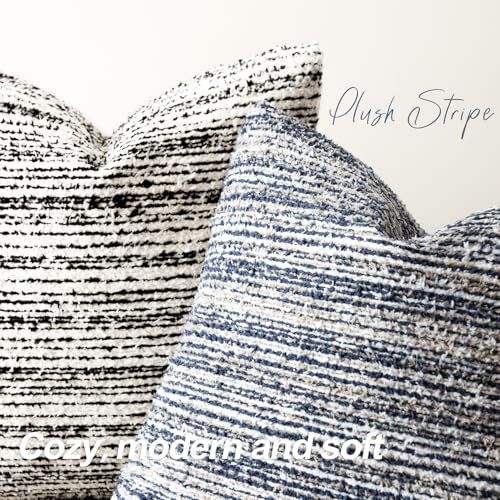 Image of Foindtower Set of 2 Faux Fur Textured Modern Throw Decorative Pillow Covers Square Accent Striped Cushion Sherpa Boho Farmhouse Pillowcase for Couch Sofa Living Room Home Decor 20x20 Inch,Dark Blue