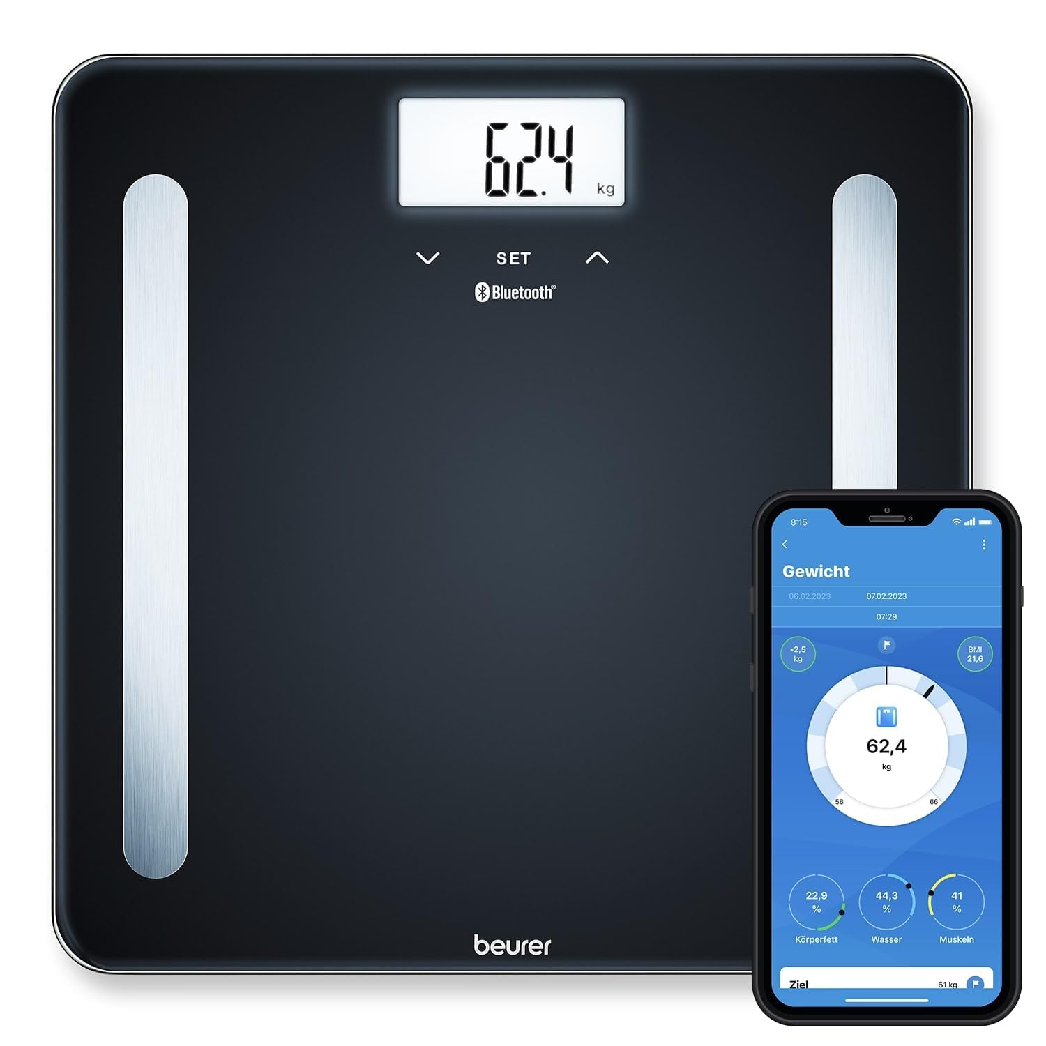 Beurer BF 600 Báscula diagnóstica negra, medición de grasa corporal, agua corporal, porcentaje muscular y masa ósea, con conexión a app