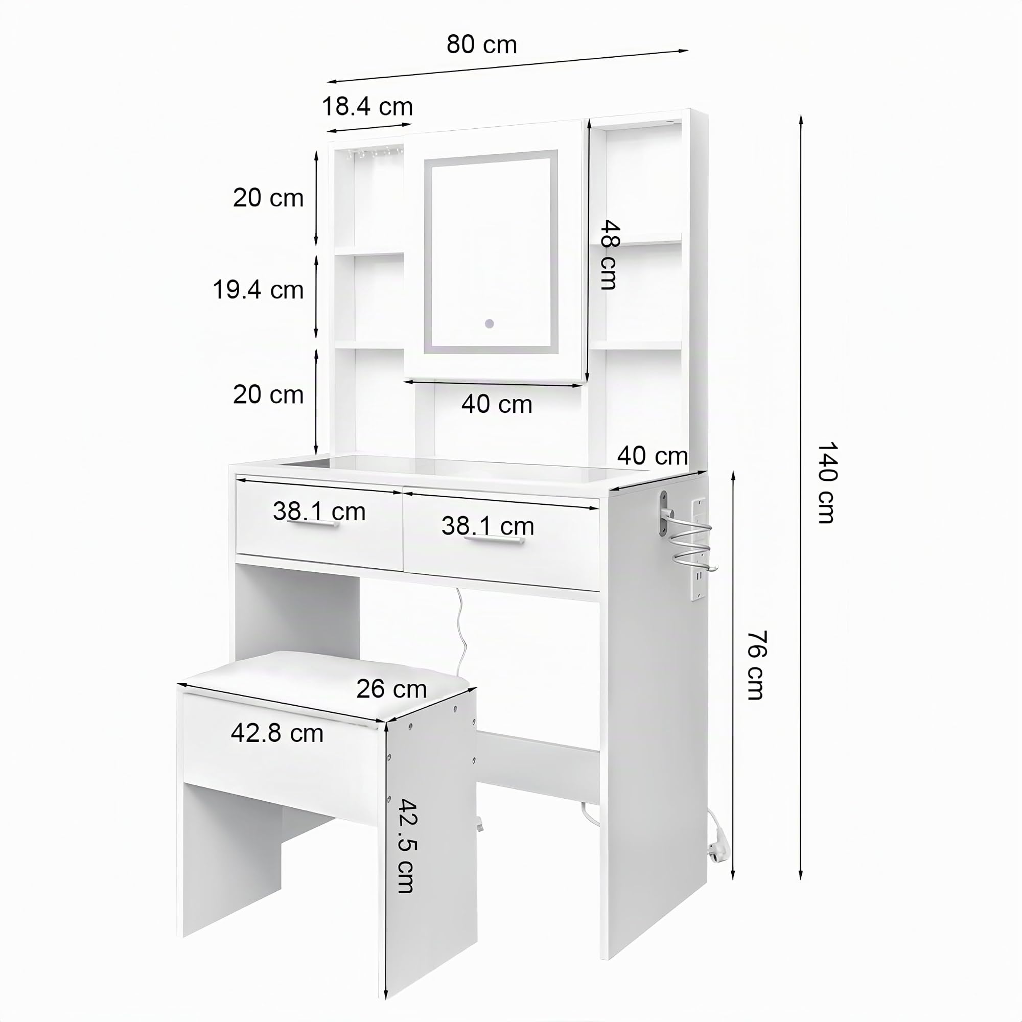 Bonnlo Schminktisch mit Hocker – Make up Tisch mit LED Spiegel, Glasplatte, Schminktisch Set mit Steckdose, Föhnhalter, Schubladen & Ablagen, 3-farbige LED-Lichteinstellung, 80 x 40 x 130 cm, Weiß