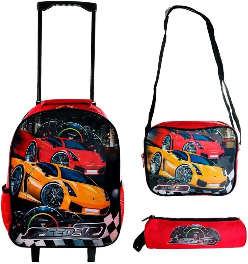Mochila Escolar Carrinho Kit Infantil Meninos - 3 Peças Com Rodinhas Silenciosas+Estojo+Lancheira Merendeira Com Alças - Conforto e Estilo!