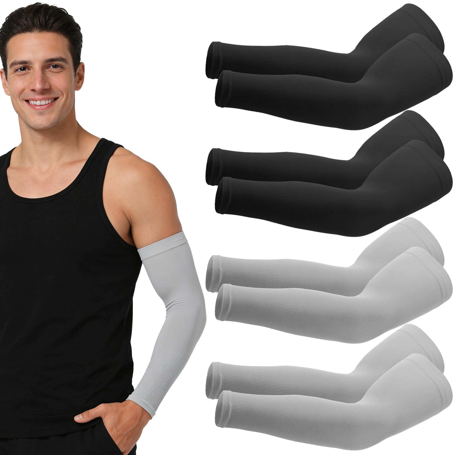 Seanselo Unisex 2 Black+2 Grey 4 Pairs Uv Sun Protection Compression Arm Sleeves - Tattoo Cover Up - Cooling Athletic Sports Sleeve For Football, Golf & Volleyball (2 Black+2 Grey)