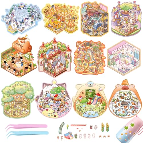 UBERMing 12 PCS Pegatinas 3D Escenas, Pegatina para Casa DIY 3D Sticker Scene, Escena de Pegatinas en Miniatura 3D House Stickers con 2 Pinzas para Adultos y Niños (Estilo 2)