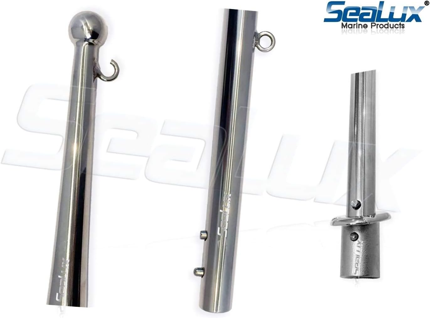 SeaLux Marine Heavy Duty 29 inch (1" Dia. Stock) Flag Staff Pole for 16 to 20" Flag with Spring Release Lock Push Button