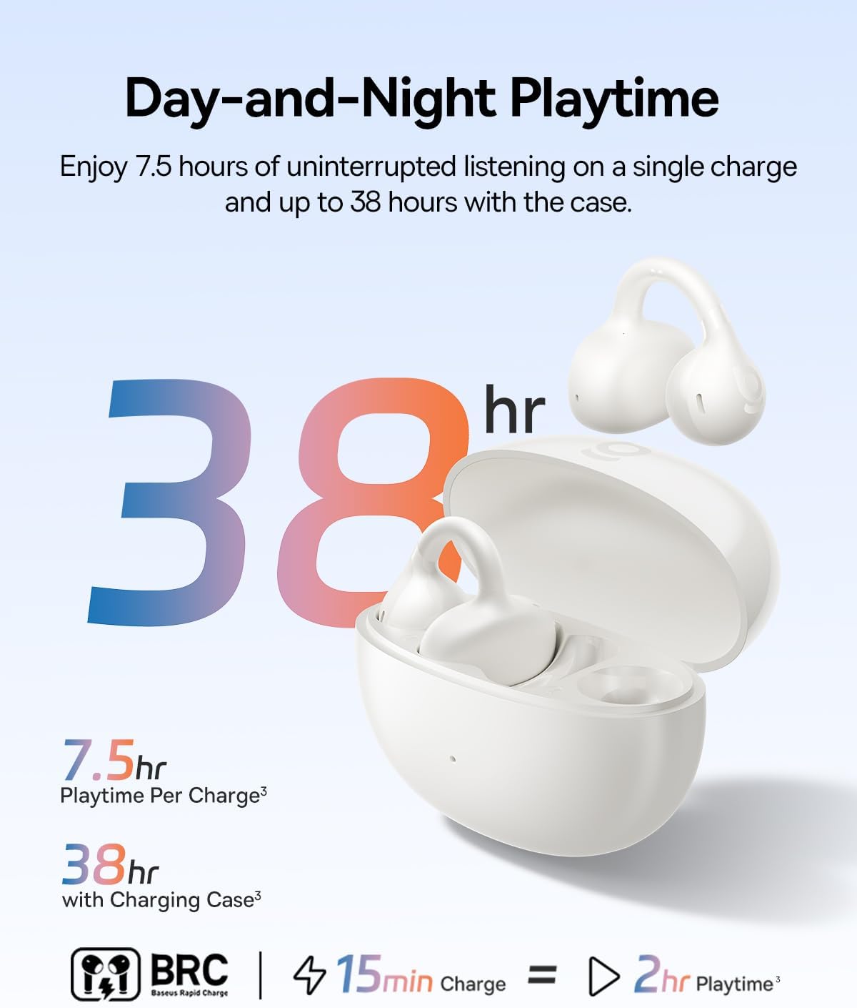 หูฟังไร้สาย Baseus Bass BC1 พร้อมเคสชาร์จ แสดงให้เห็นระยะเวลาการใช้งานรวม 38 ชั่วโมง