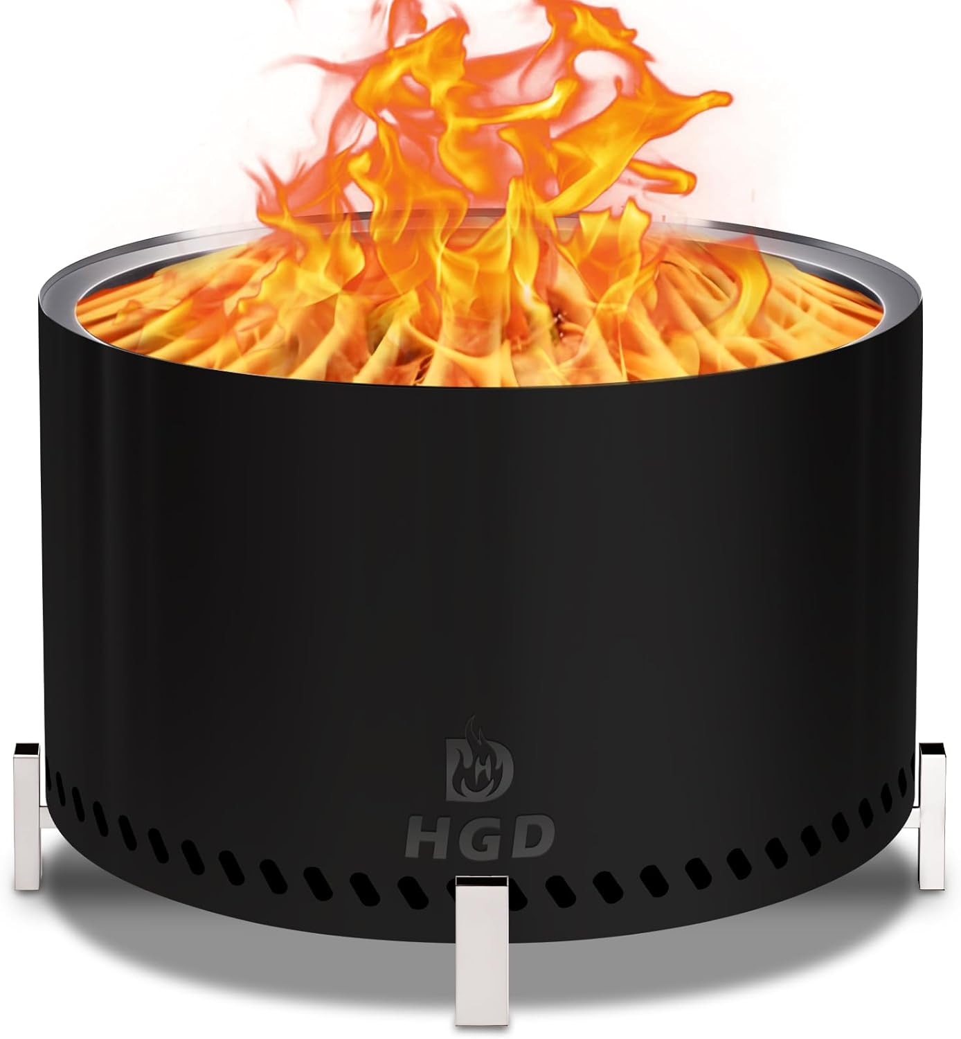 HGD 27.5" Smokeless Firepit with Stand, Large Stainless Steel Wood Burning Fire Pit for Friends & Family Gatherings, Secondary Combustion Outdoor Patio Stove for Garden BBQ & Bonfire (Black)