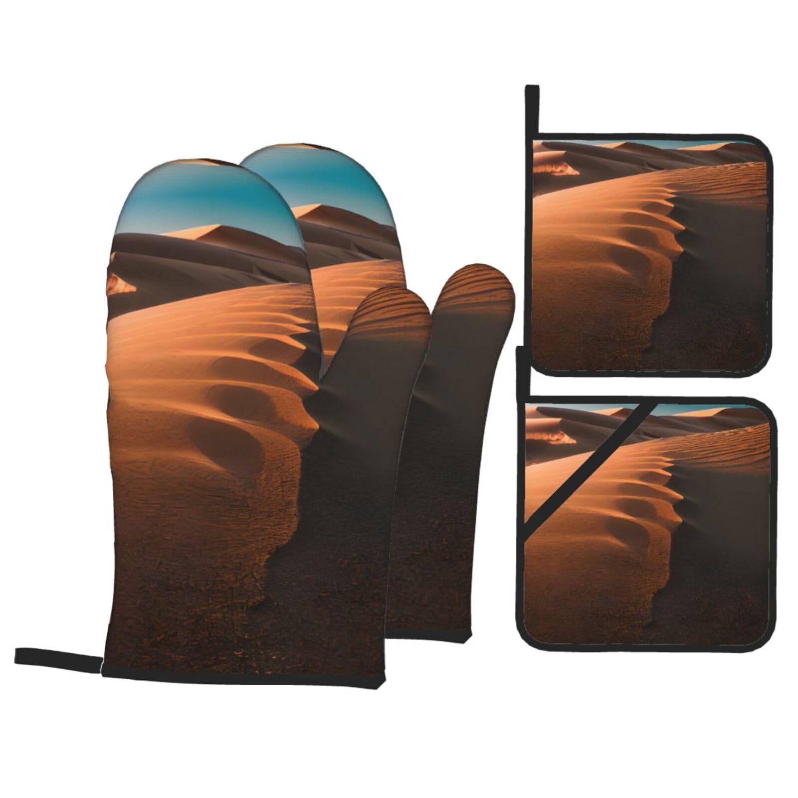 Nimongt Black Sand Dunes Print Heat-Resistant 4-Piece Oven Kitchen Gloves For Baking Cooking Microwaving Essentials