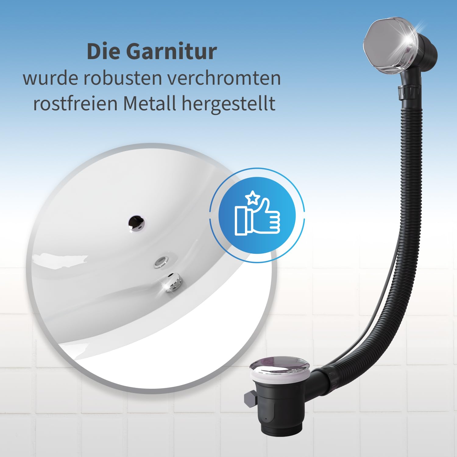 AQUADE Set completo de desagüe para bañera y rebosadero, diámetro 40/50 mm, cromado, desagüe para bañera, función Pop Up con tapón de olor excéntrico y cubierta de rebosadero de bañera