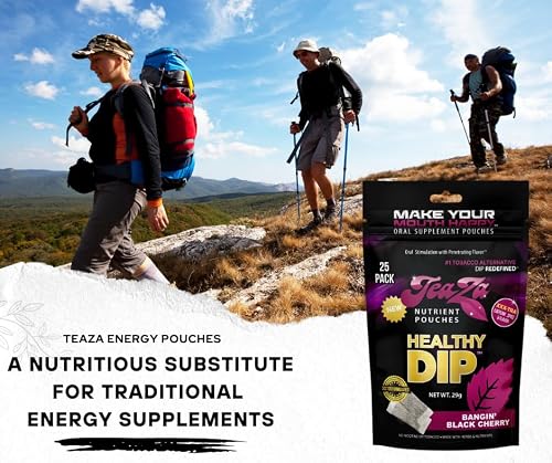 Teaza Herbal Energy Pouches Tobacco Alternative Nicotine Free Dip, Alternative Snuff Healthy Dip Pouches, Bangin' Black Cherry (4 Pack) Tobacco Free Chew Premium Flavored
